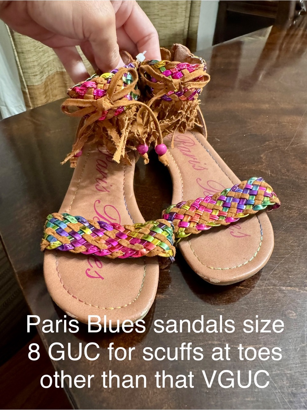 Paris Blues Tan Fringe Sandals with Bright Multicolor Braided Straps